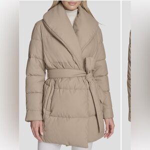 NWT Andrew Marc Adele Faux Leather Shawl Collar Quilted Wrap Puffer Coat Size M